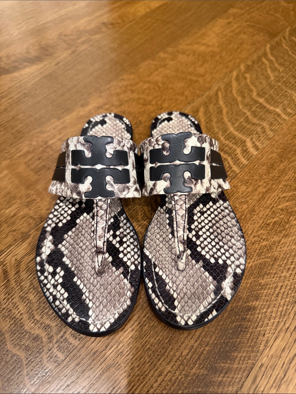 Tory Burch Snake-Print Thong Sandals in Black and Beige